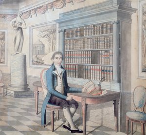 Gentleman leser i biblioteket sitt av French School