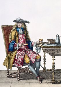 Gentlemans forseggjorte antrekk, 1760 88:A gentlemans forseggjort brodert vest, frakk og hatt; 99:hann; tradisjonelle kostymer; tradisjonell kjole; mote; c18th; sittende; pulten; fanen av French School