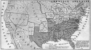 Geografisk kart over USA i mars 1861. Slaveristater er representert i rømmen. Skrevet i hvitt, navnene på de syv konfødererte statene som skilte seg fra unionen: Texas, South Carolina, Mississippi, Florida, Alabama, Georgi av French School