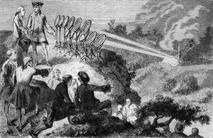 Georges-Louis Leclerc (1707-88) grev de Buffon eksperimenterer med flammende speil på høystakker ved Montbard, fra La Vie des Savants Illustres av Louis Figuier, utgitt i Paris i 1872 (bw p av French School