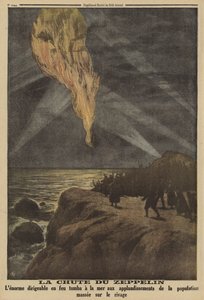 Tysk Zeppeliner skutt ned i flammer av luftvernild og krasjet i havet, første verdenskrig av French School