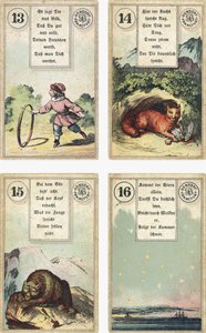 Tysk utgave av Lenormand French cartomancy deck: The Child, The Fox, The Bear, The Star, utgitt av Dondorf, Frankfurt, 1800-tallet av French School
