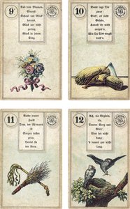 Tysk utgave av Lenormand French cartomancy-dekk: The Flowers, The Scythe, The Birch-rodThe Whip, The Birds, utgitt av Dondorf, Frankfurt, 1800-tallet av French School