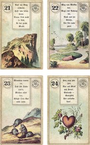 Tysk utgave av Lenormand French cartomancy deck: The Mountain, The Road, The Mice, The Heart, utgitt av Dondorf, Frankfurt, 1800-tallet av French School