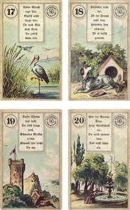 Tysk utgave av Lenormand French cartomancy deck: The Stork,The Dog, The Tower,The Garden, utgitt av Dondorf, Frankfurt, 1800-tallet av French School