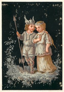 Jente og gutt i norrøn eller germansk drakt (chromolitho) av French School