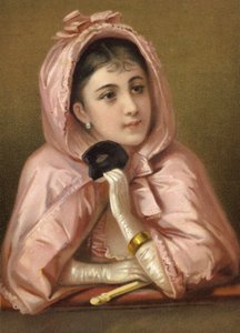 Jente som holder maske (chromolitho) av French School