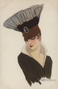 Jente i ekstraordinær hodeplagg (farge litho) av French School