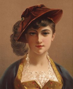 Jente i rød fløyelslue (chromolitho) av French School