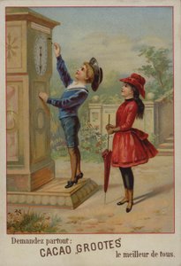 Jente som ser på en gutt som justerer en klokke (chromolitho) av French School