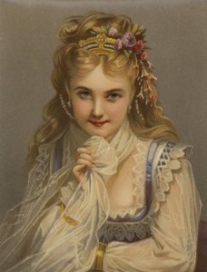 Jente med blondt hår, juveler, blomster og et sjenert smil (chromolitho) av French School