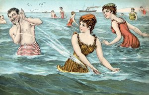 Jenter som plasker en mann i havet av French School