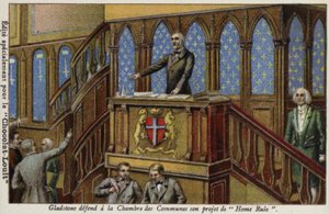 Gladstone forsvarer sin politikk for irsk hjemmestyre i Underhuset av French School
