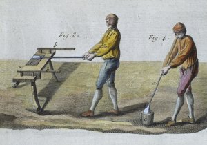 Glassblåsing, detalj, illustrasjon fra Encyclopedie des Sciences et Metiers av Denis Diderot (1713-84) gravert av Robert Benard (fl.1734) utgitt ca. 1770 (fargegravering) (se også 326118) av French School