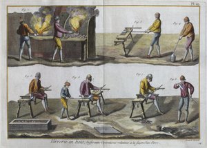 Glasblasen, Illustration aus der Encyclopedie des Sciences et Metiers von Denis Diderot, graviert von Robert Benard, veröffentlicht um 1770 (Farbstich)