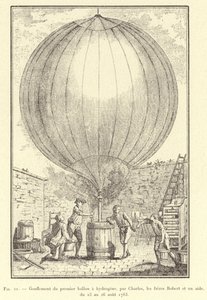 Oppblåsing av den første hydrogenballongen, av Charles, Robert-brødrene og en assistent, fra 23. til 26. august 1783 (gravering) av French School