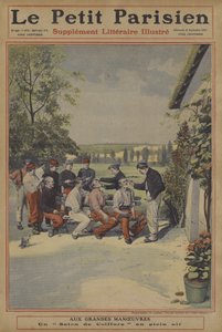 Den franske hærens store manøvrer: en frisørsalong (litho i farger) av French School