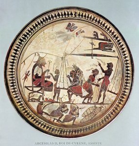 Gresk kopp som viser Arcesilas II, kongen av Kyrene (ca. 560-550 f.Kr.) som ser på veiing og lasting av silfium, kopi av en original fra 600-tallet f.Kr. av French School