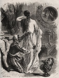 Gresk mytologi: kongen av Lydie Candaule (eller Caudale) viser sin kone naken for sin fortrolige Gyges, gjemmer seg i skyggene når hun lukker seg på soverommet. Gravering fra 1871 i «Histoire Des Cocus Celebres»» av Henry de Kock (1819-1892). av French School