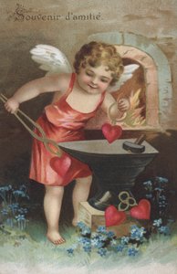 Hilsningskort som viser en kjerub som lager vennskapsbrikker i en smie (chromolitho) av French School