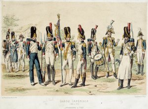 Grenadierer en fot av den keiserlige garde av Napoleon I (mellom 1804 og 1814). 1800-talls gravering. Paris, dekorativ kunst av French School
