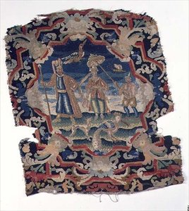 Gros point og petit point setetrekk av tre østeuropeiske figurer og fugler, midten av 1700-tallet (detalj) av French School