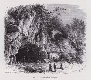 Lourdes grotte (gravering) av French School