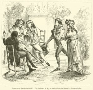 Gruppe hentet fra en tegning med tittelen, Une Lecture de Madame de Stael, Collection Hennin (gravering) av French School