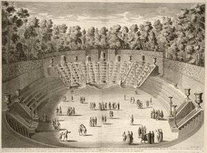 Grove of the Salle du Bal, Versailles, fra Plans, Profiles and Elevations of the Towns and Palaces of Versailles, gravert av Lucas, publisert ca. 1715 av French School