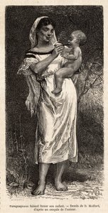 Guaranie-kvinne som røyker sigaren til barnet sitt, rir på hoften hennes, for å prøve å dempe ropene hennes, gravering etter D.Maillarts tegning, illustrerer reisen til Paraguay i 1872-1873, av L.Forgues, publisert i "" Le tour du monde”” 1874, redigert av av French School