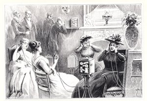 Gjester på et hotell i Paris som lytter til direkte stafetter for opera- eller teaterforestillinger på Marinovitchs og Szarvadys Theatrophone, fra La Nature, publisert 1892 av French School