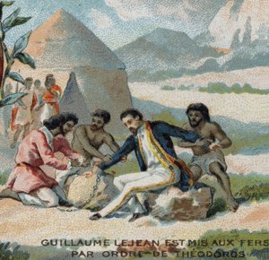 Guillaume Lejean, a French explorer, was put in shackles by order of Emperor Theodoros of Abyssinia (present-day Ethiopia). Chromolithography of the 19th century. av French School
