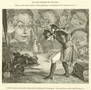 Gulliver utsatt på et bord til beundring fra innbyggerne i Brobdingnag (gravering) av French School