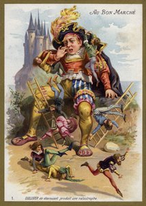 Gulliver nyser og forårsaker en katastrofe (chromolitho) av French School