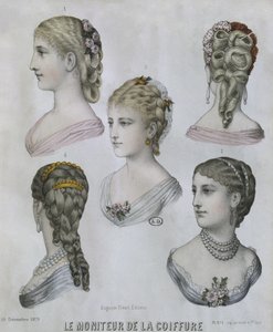 Frisyrer, illustrasjon fra Le Moniteur de la Coiffure, 10. desember 1879 (fargegravering) av French School