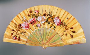 Håndvifte med roser og insekter, silke og perlemor, laget av Felix Alexandre, Paris, ca 1870, Frankrike av French School