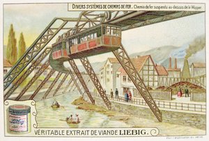 Hengende tog på Wupper-elven, salgsfremmende reklamekort for Veritable Extrait de Viande Liebig av French School