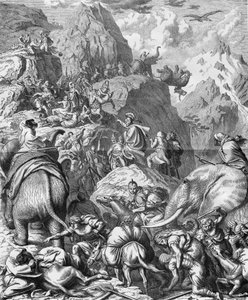 Hannibal krysser Alpene med elefanter for å ankomme Italia (II Punic War). Gravering fra 1800-tallet. av French School