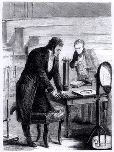 Hans Christian Oersted (1777-1851) oppdaget avviket til den magnetiske nålen ved lukket strøm i 1820, fra Les Merveilles de la Science av Louis Figuier (1819-94), 1867 av French School