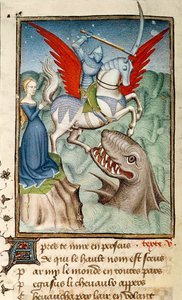 Harl 4431 f. 98v Andromeda reddet fra monsteret av Perseus som rir Pegasus, parisisk kopi, ca. 1410-11 (vellum) av French School