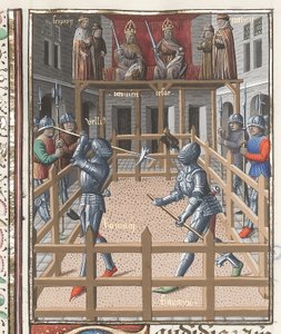 Harley 4375 f.171v, To riddere som kjemper med pollakser, fra ‘Valerius Maximus’, ca. 1473-80 (vellum) av French School