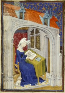Harley MS 4431 f.004r Detalj av en miniatyr av Christine de Pizan i hennes arbeidsrom i begynnelsen av 