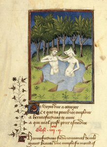 Harley MS 4431, f.132v, Miniatyr av Hermafroditus og nymfen Salmacis som bader i en innsjø, fra 