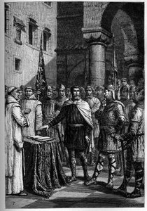 Harold, kongen av engelskmennene, sverger troskap til Guillaume, hertugen av Normandie (William I) - Harold II (1020-1066) siste anglosaksiske kongekrone i 1064, og avla ed på de hellige relikviene før Vilhelm I Erobreren for å støtte sin sak kl. Englands  av French School