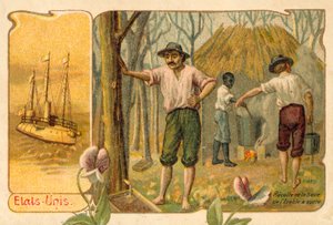 Høsting av lønnesirup for å lage lønnesirup, USA (chromolitho) av French School