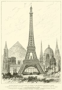 Sammenlignet høyde på Eiffeltårnet (300 meter) og verdens viktigste monumenter (gravering) av French School