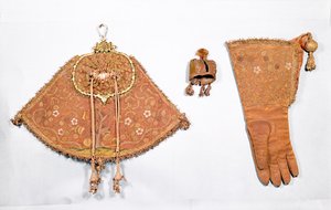 Hawking sett med veske, hanske og hette, fransk, 1600-25