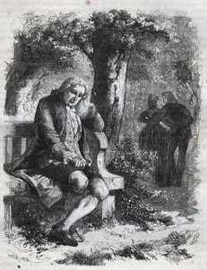 Han hørte hviskingen av et kyss.» Den sveitsiske filosofen Jean Jacques (Jean-Jacques) Rousseau (1712-1778) overrasker sin følgesvenn Marie-Therese (Marie Therese) Le Vasseur (Levasseur) (1721-1801) i fullt utroskap. Gravering fra 1871 i «Histoire Des Cocu av French School