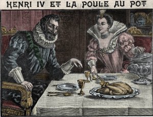 Henri IV og kyllingen ved gryten: Gabrielle d'Estrees inviterer kongen av Frankrike til å smake en høne ved gryten: en av favorittrettene deres er begge deler. Gravering i "" La cuisine des familles"" fra 1905-1908. av French School
