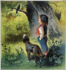 Henri observerer en svarttrost på en gren i skogen, og vender tilbake til livet sitt hvis han var en fugl. Kromolitografi fra "" Childhood Scenes"" utg. Guerin - Muller rundt 1885. av French School